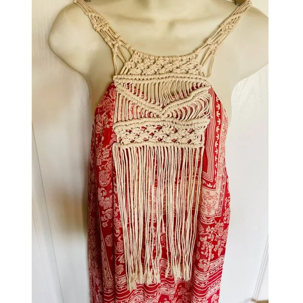 ZARA Boho Floral-Patch Maxi Dress with Crochet Neck and Fringe XS/S - Picture 9 of 16